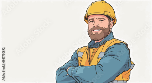 A construction worker stands with his arms crossed, wearing a hard hat and safety vest. He smiles confidently in a work setting.