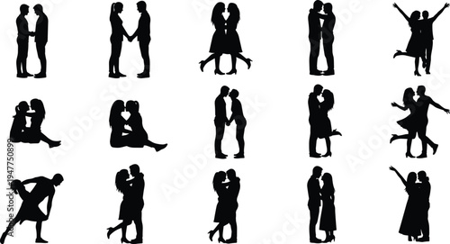 Romantic couple silhouettes collection, love and kissing poses vector illustration isolated on white background relationship concept set