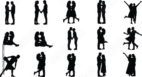 Romantic couple silhouettes collection, love and relationship poses set, flat vector illustration isolated on white background design