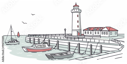 A small harbor with a lighthouse and a boat Vector