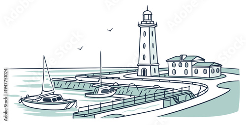 A lighthouse on a small island with a boat nearby Vector