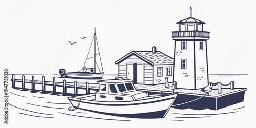 A boat is docked near a lighthouse and a small building Vector