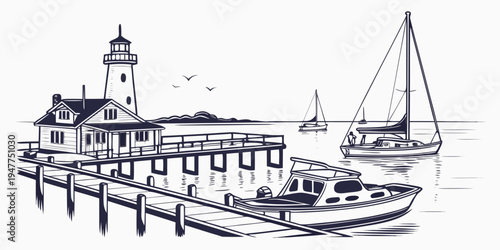 A boat dock with a lighthouse and a sailboat Vector