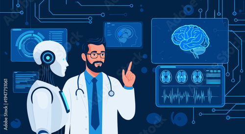 Future of Medicine Vector Illustration of Doctor and Robot Analyzing Brain Scan Data