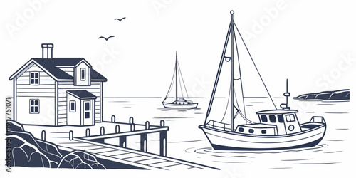 A house and a sailboat on the water Vector