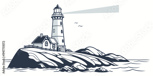 A lighthouse on a rocky cliff by the sea Vector
