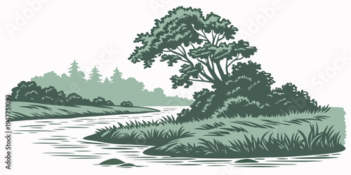 A green tree on a grassy island in the middle of a body of water Vector