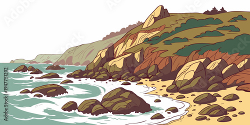 A scenic rocky coastline with waves crashing Vector