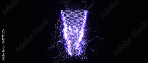 Abstract glowing electric AI tornado vortex, neon purple spiral energy storm on dark background. Futuristic techno cyber storm for artificial intelligence forum presentation. Vector illustration