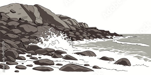 A rocky shoreline with waves crashing Vector