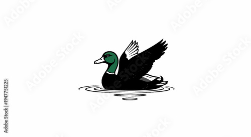 Stylized illustration of a mallard duck with green head swimming