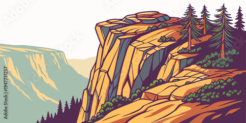 A pixel art illustration of a rocky cliffside with trees Vector