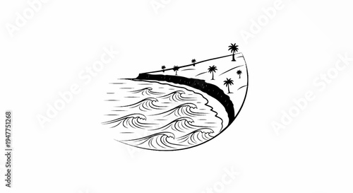 Stylized black and white sketch of a tropical coastline with palm trees and waves