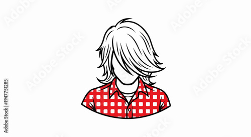 Stylized illustration of a person with shaggy hair and a red plaid shirt