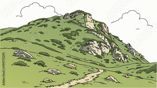 A green hillside with a dirt path leading to the top Vector