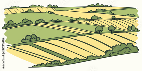 A field of golden wheat with lush green trees and grass Vector