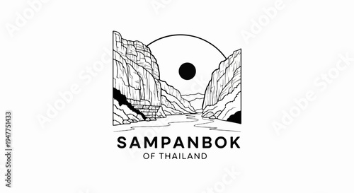 Stylized illustration of a river canyon with a circular sun element