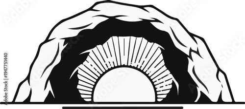 Stylized illustration of a rocky cave opening with a fan-like structure inside