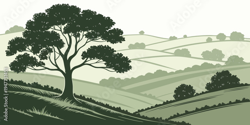 A large tree on a hillside in a rural landscape Vector
