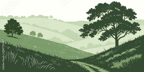 A green landscape with trees on a hillside Vector
