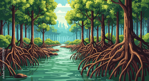 Mangrove swamp forest with exposed roots and a winding river, vector illustration of a serene natural landscape