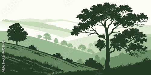 A serene landscape with trees on a hillside Vector