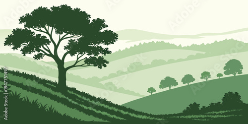 A tree on a rolling green hill with hills in the background Vector