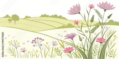 A field of wildflowers with a green hillside Vector