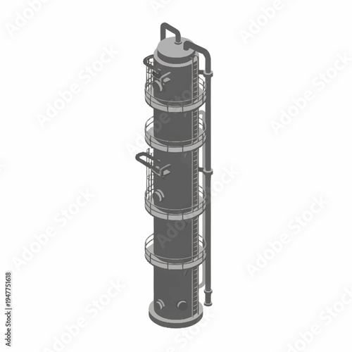 Isometric view of an industrial distillation column with platforms.