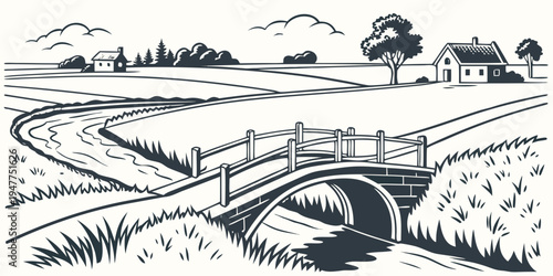 A small stone bridge over a stream in a rural landscape Vector