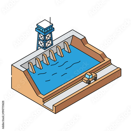 Isometric illustration of a hydroelectric dam with a control tower and a small vehicle on the access road, showcasing water management and power generation infrastructure.
