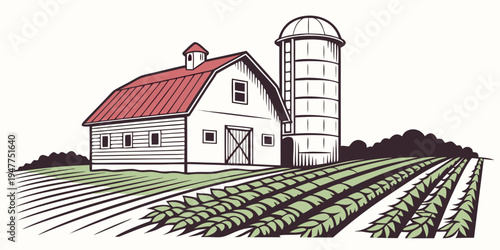 A white farm with a red roof and a silo next to a field Vector