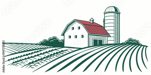 A farm with a barn and silo in a rural setting Vector