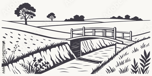 A small bridge over a drainage ditch in a rural landscape Vector
