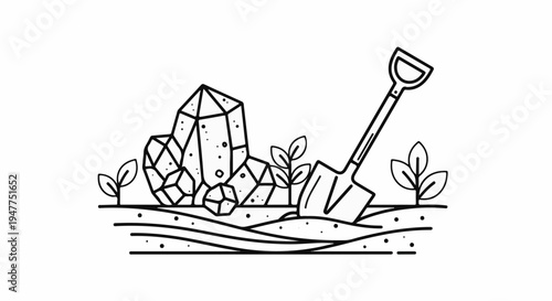 Stylized illustration of crystals, plants, and a shovel in the earth
