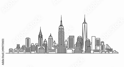 Stylized black and white skyline silhouette of iconic urban skyscrapers against white