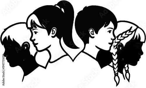 Stylized illustration of children's profiles, with two boys and two girls facing each other