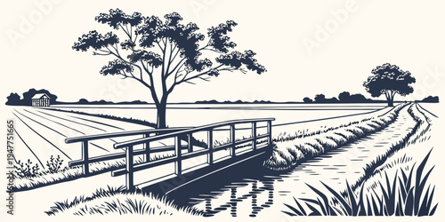 A small bridge over a stream in a rural landscape Vector