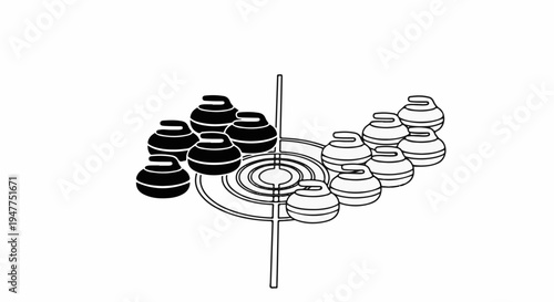 Stylized illustration of curling stones arranged on a target