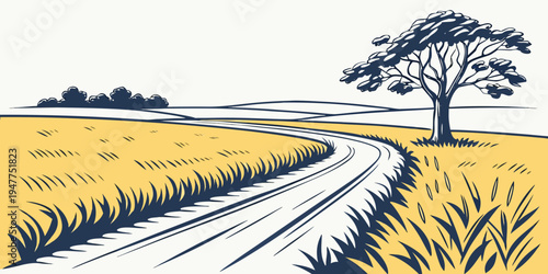 A dirt road winding through a field with a tree Vector