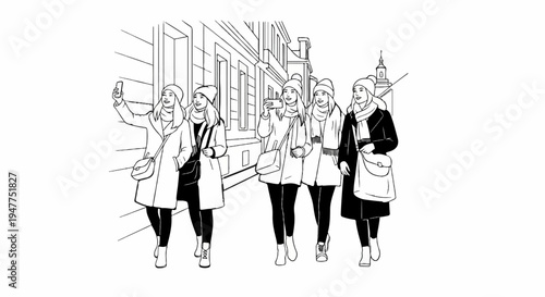 Stylized illustration of five young women posing for photos outdoors on a city street