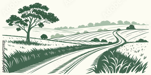 A green illustration of a dirt road through a rural landscape Vector
