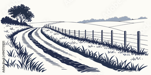 A dirt road with a fence and a tree Vector