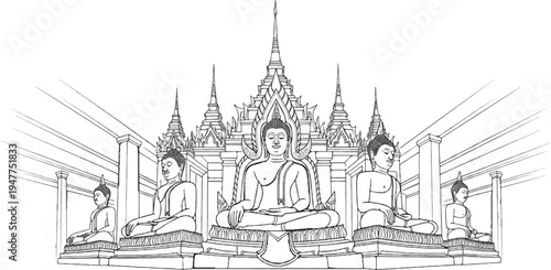 Stylized illustration of five seated Buddha statues in front of tiered temple structures