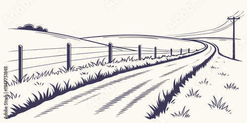 A dirt road with a fence on the left side Vector