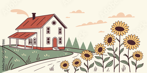 A white house with a red roof and sunflowers in the garden Vector