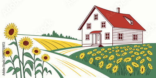 A house on a farm with a field of sunflowers Vector