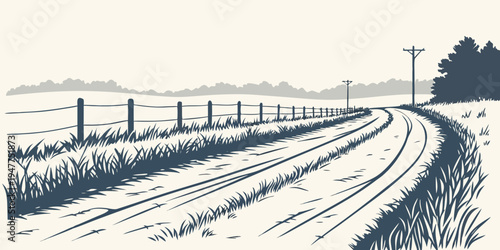A snowy road with a fence and trees Vector