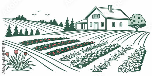 A farm with a house and a large garden Vector
