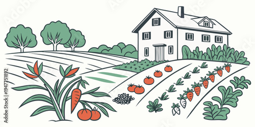 A white house with a garden full of vegetables Vector